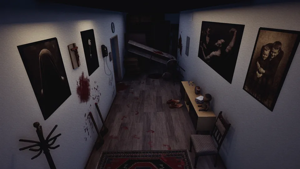 Hallway camera feed with multiple anomalies
