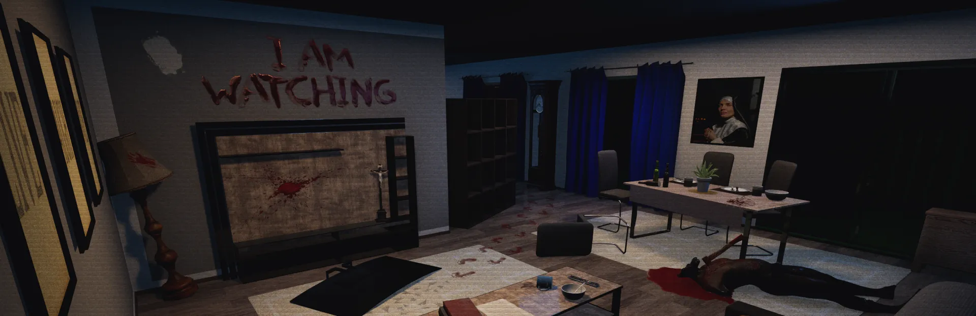 A dim living room with a bloodstained TV wall, and the words I AM WATCHING smeared on the wall above it.