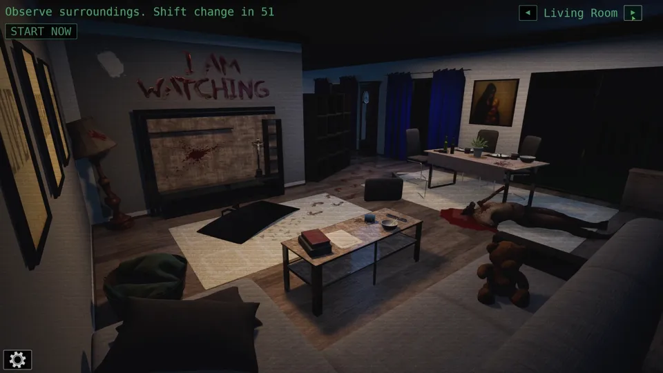 Living room surveillance feed before the shift begins