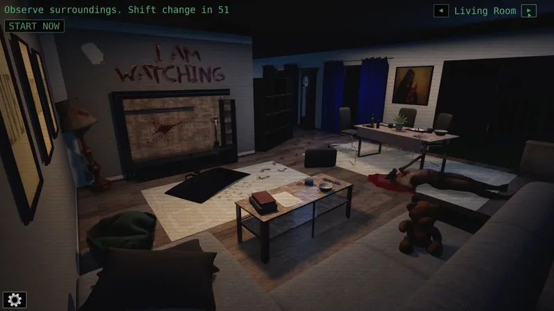 Living room surveillance feed before the shift begins