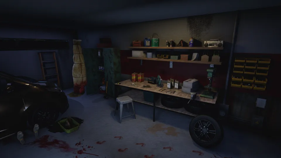 Garage camera feed with a corpse anomaly