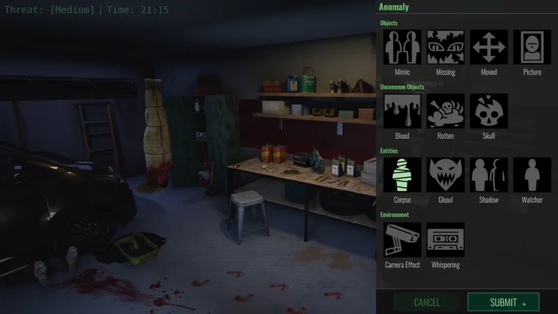 Garage camera feed with the Report Anomaly interface open and a corpse anomaly visible