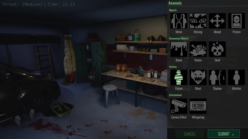 Garage camera feed with the Report Anomaly interface open and a corpse anomaly visible